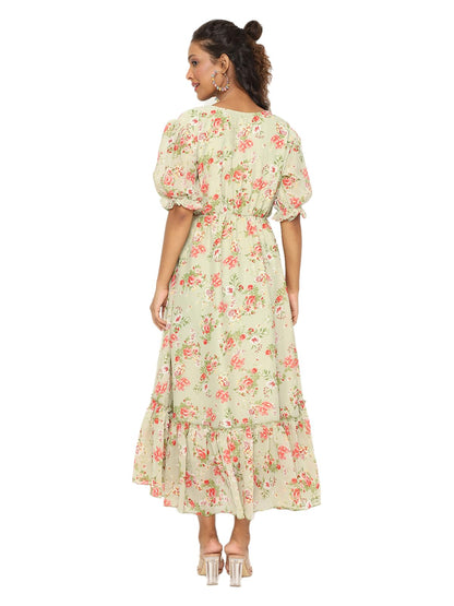 Avanova Georgette Pista Green Round Neck Maxi Western Dresses For Women