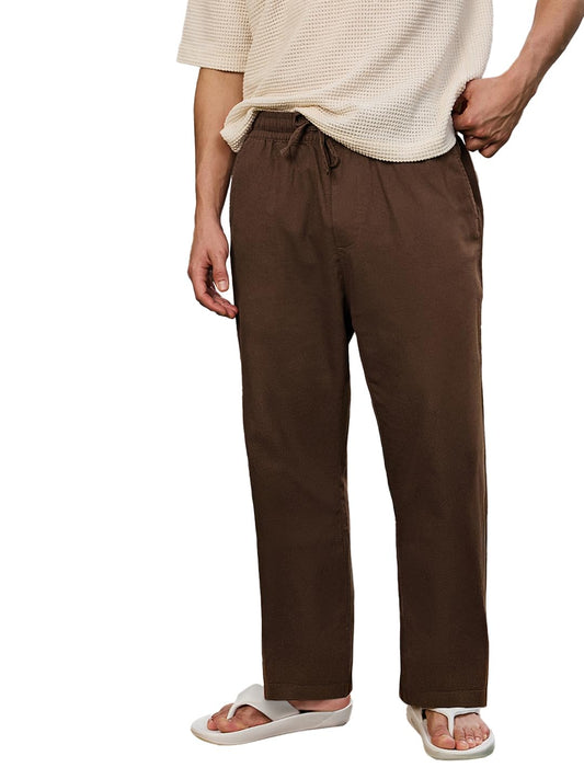 Bewakoof Mens Solid Straight Fit Cotton Linen Blend Casual Pants_677741_Brown_28