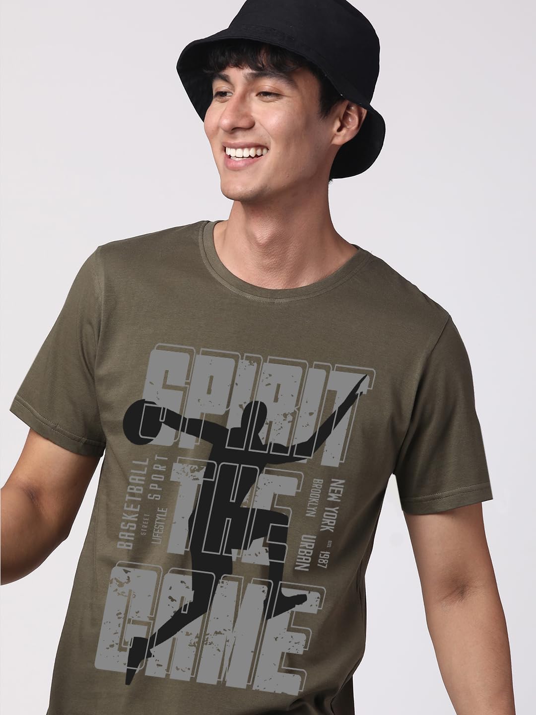ADRO Sports Design Printed T-Shirt for Men - 100% Cotton, Regular Fit, Soft Breathable Fabric. (RN23-M-SPR-OL_Olive)