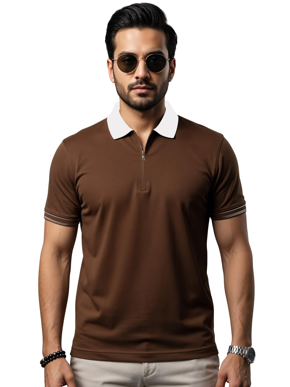 Mens Premium Cotton Polo T-Shirt | 220 GSM Soft Fabric | Casual Stylish Look | Zipper Polo Design Brown Polo T Shirt | Polo Tshi