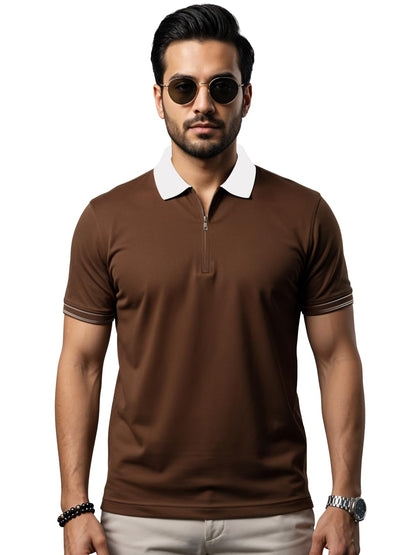 Mens Premium Cotton Polo T-Shirt | 220 GSM Soft Fabric | Casual Stylish Look | Zipper Polo Design Brown Polo T Shirt | Polo Tshi