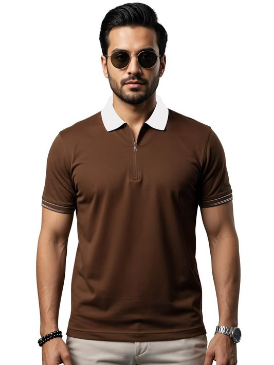 Mens Premium Cotton Polo T-Shirt | 220 GSM Soft Fabric | Casual Stylish Look | Zipper Polo Design Brown Polo T Shirt | Polo Tshi