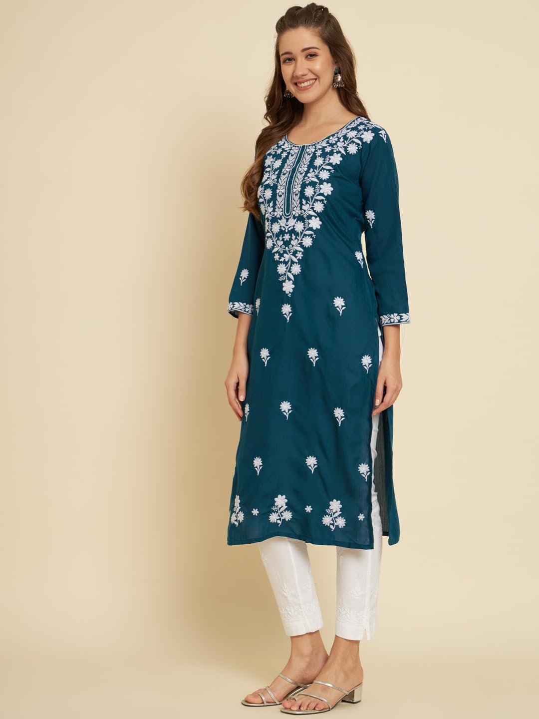 Ekasya WomenS Soft Cotton Slub Straight Cut Round Neck Kurta With Beautiful Floral Embroidery Work (E1572) Royal Blue