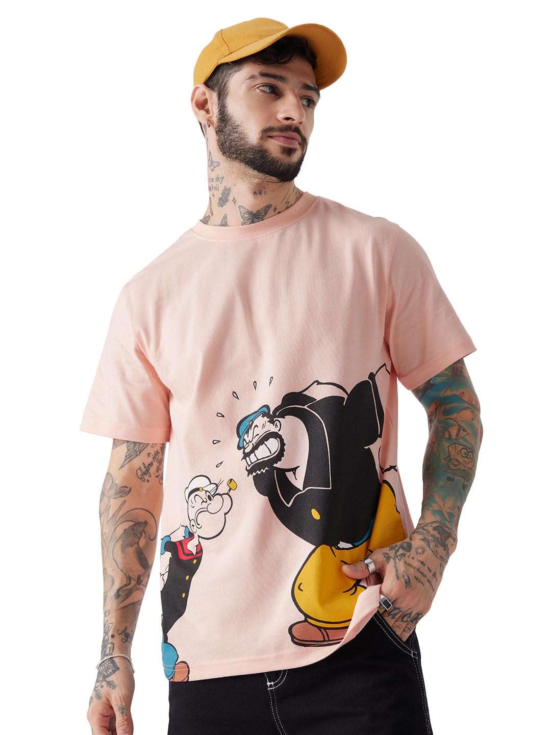 The Souled Store Official Popeye: Fight Time Men and Boys Regular fit Half Sleeve Graphic Printed Cotton Nude Pink Color T-Shirt