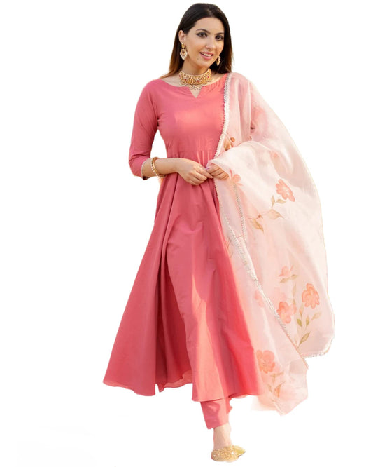 Gosriki WomenS Cotton Blend Traditional Plain Anarkali Kurta And Pant With Dupatta Set (Rangoli Pink Nw-Gs_L_Pink_Large)