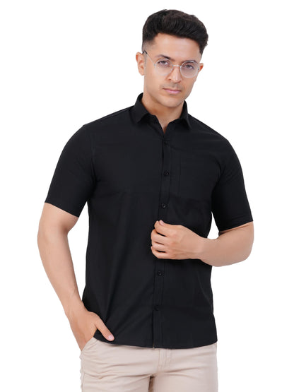 PRAKASAM COTTON Black Half Sleeve Shirt for Mens/Regular Fit Cotton Black Half Sleeve Shirt for Mens
