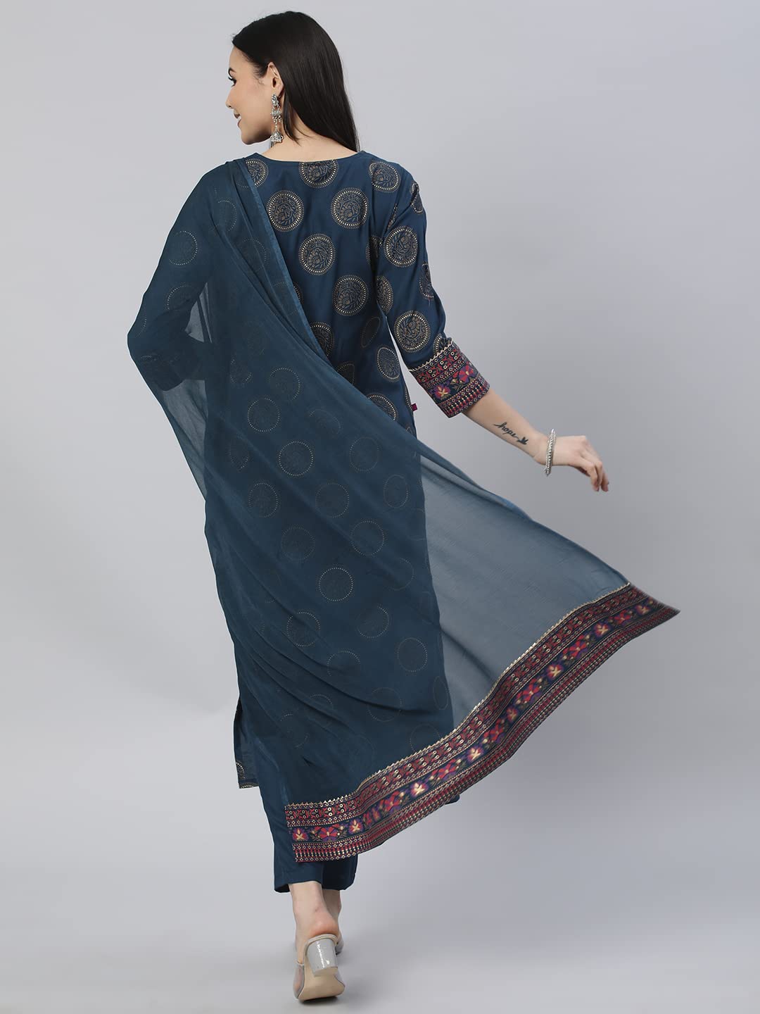 Gosriki WomenS Cotton Blend Printed Straight Kurta With Pant & Dupatta (Nov-Rama-Gs_L_Rama_Large)