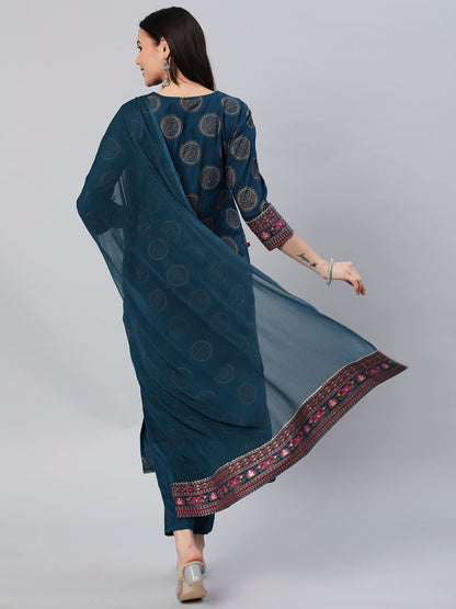 Gosriki WomenS Cotton Blend Printed Straight Kurta With Pant & Dupatta (Nov-Rama-Gs_L_Rama_Large)