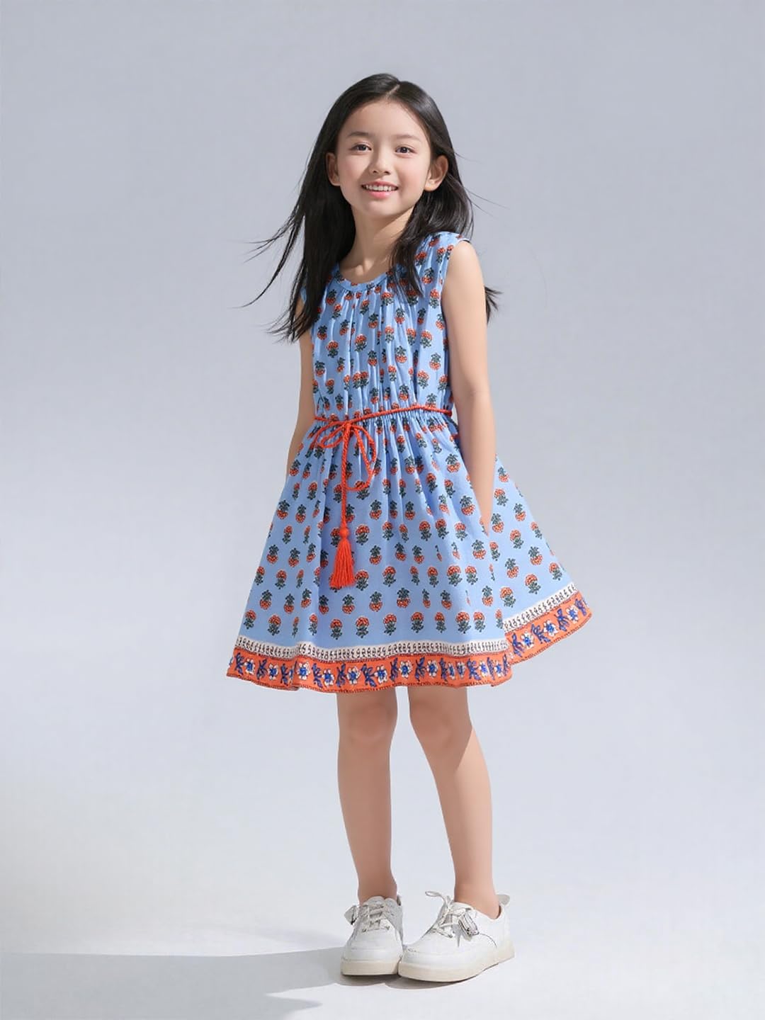 A.T.U.N. (ALL THINGS UBER NICE) Girls Blue Printed Samantha Dress | Sleeveless Cotton Knee Length Dress