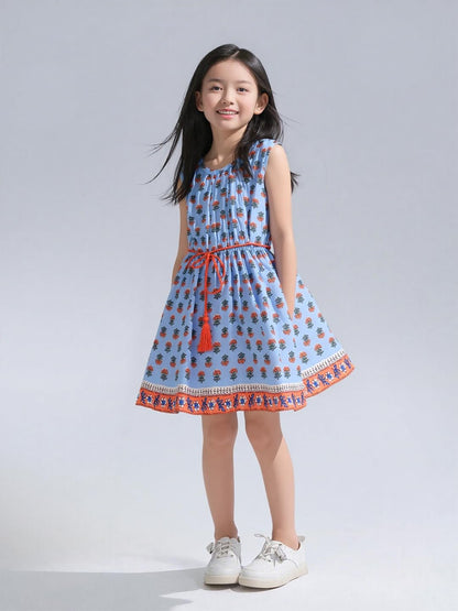 A.T.U.N. (ALL THINGS UBER NICE) Girls Blue Printed Samantha Dress | Sleeveless Cotton Knee Length Dress