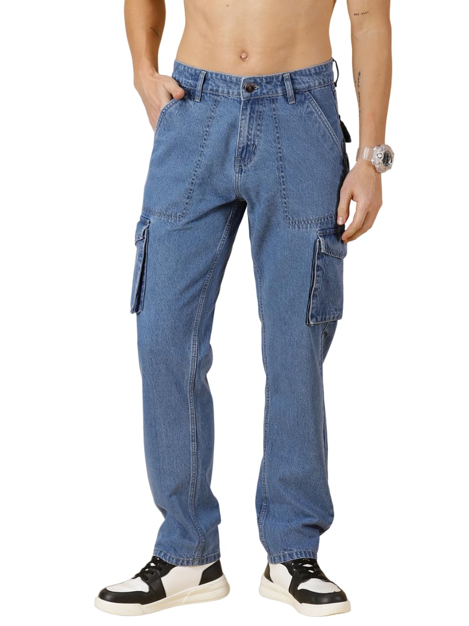 Thomas Scott Men Comfort Relaxed Fit Clean Look Light Fade Pure Cotton Cargo Jeans
