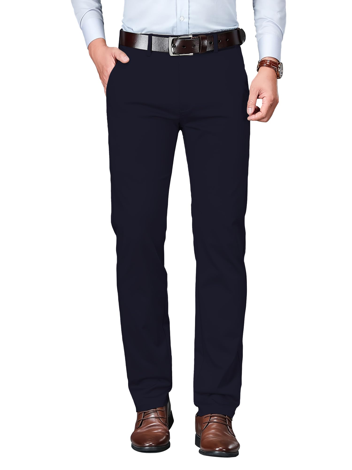 AVANOVA Mens Navy Blue Solid Trousers Light Business Style Slightly Stretch Straight Leg Pants for Outdoor Casual Daily (Trouse