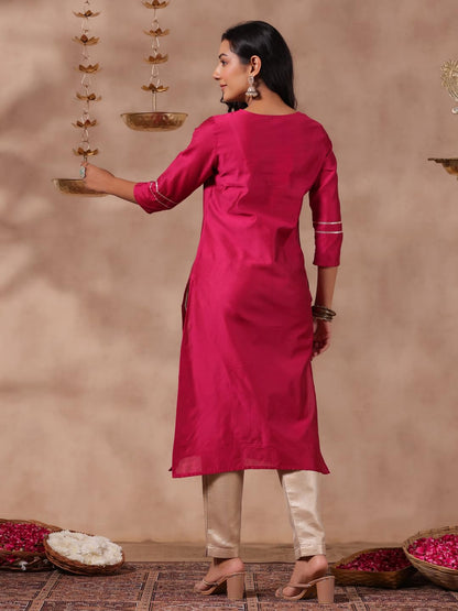 anubhutee Women's Fuchsia Yoke Design Zari Work Silk Blend Straight Kurta