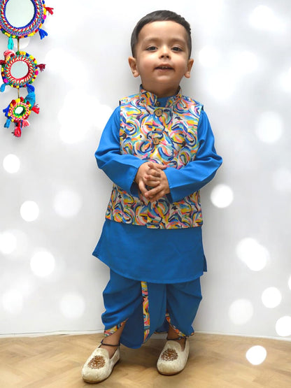 A.T.U.N. (ALL THINGS UBER NICE) Boys Turquoise Kurta Dhoti with Printed Nehru Jacket (3 Piece Set)