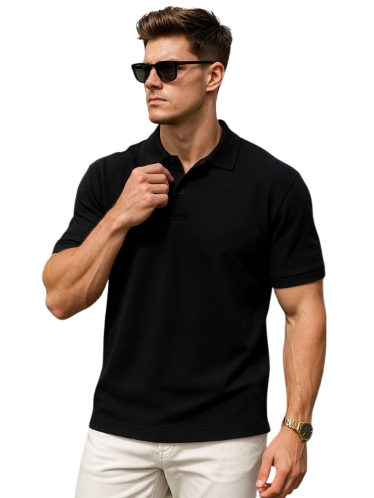 Veirdo Mens Cotton Short Sleeve Regular Fit Plain Solid Classic Polo Collar T-Shirt