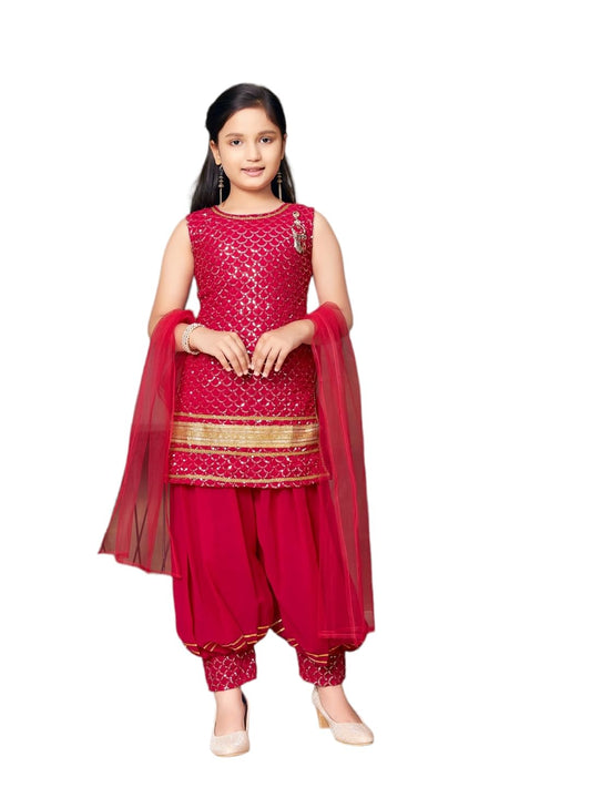 Aarika Girls Ethnic Wear Rani Colour Sequin Embroidery Lace Work Georgette Kurti Patiala Set (4-10 Years)