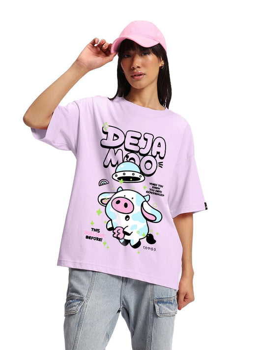 Bewakoof Womens Deja Moo Graphic Printed 100% Cotton T-Shirt - Oversized Fit, Round Neck, Half Sleeves_602814_Purple_L