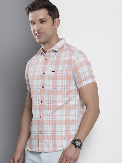 The Indian Garage Co Men Pink Checkered Slim Fit Casual Shirt