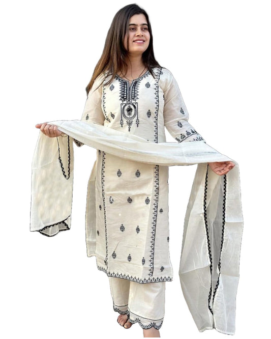 Gosriki WomenS Rayon Blend Straight Embroidered Kurta With Pant & Dupatta (Devanagri White-Gs_5Xl_White_Xxxxx-Large)