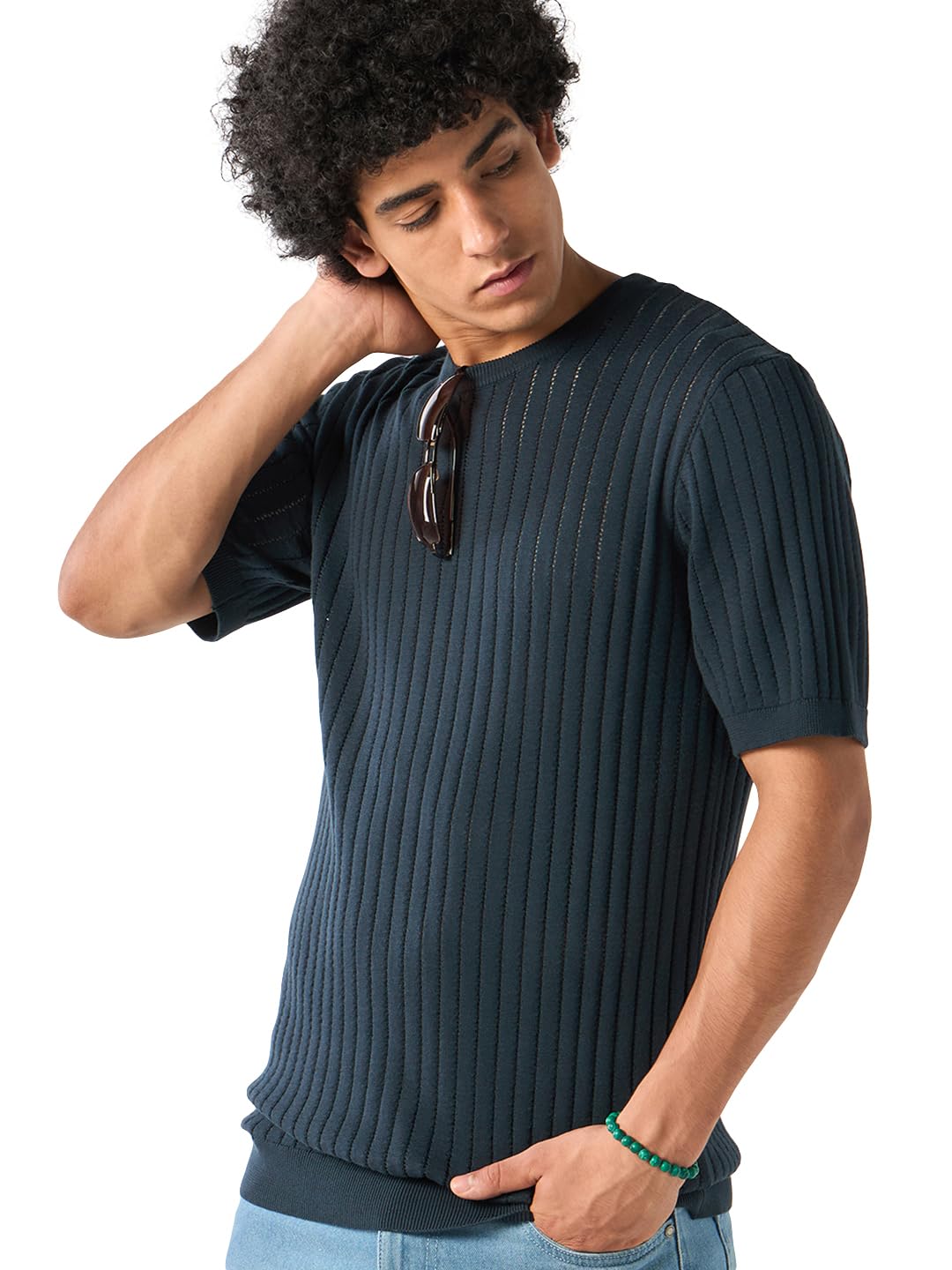 Bewakoof MenS Textured Regular Fit Half Sleeve Round Neck Cotton Flatknit T-Shirt_634373_Orange_L