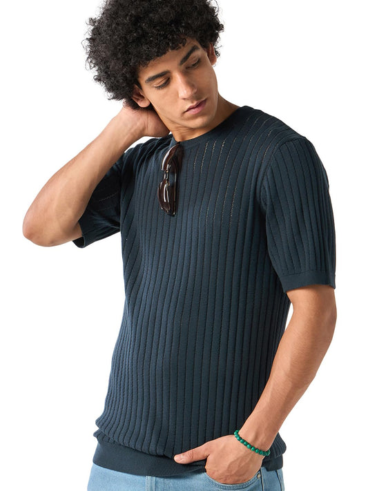 Bewakoof MenS Textured Regular Fit Half Sleeve Round Neck Cotton Flatknit T-Shirt_634373_Orange_L