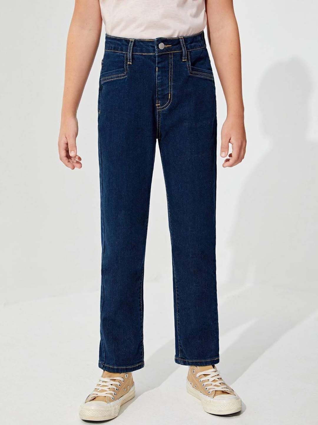 Kotty Boys Straight Fit Cotton Lycra Blend Solid Jeans Denim Blue