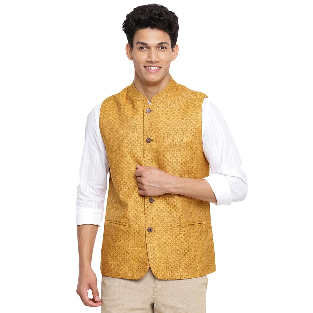 Fabindia Men's Yellow Viscose Silk Printed Regular Fit Nehru Jacket