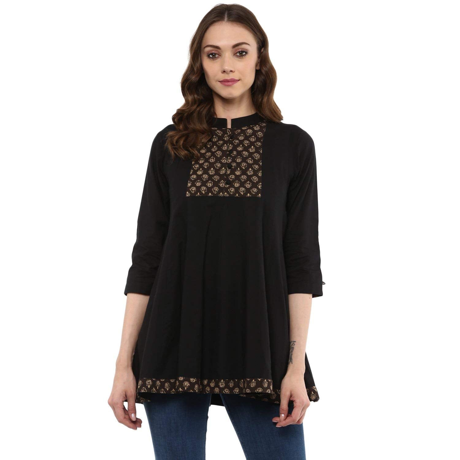 Idalia Womens Ethnic Wear Black Cotton Tunic Tops For Women Fashion