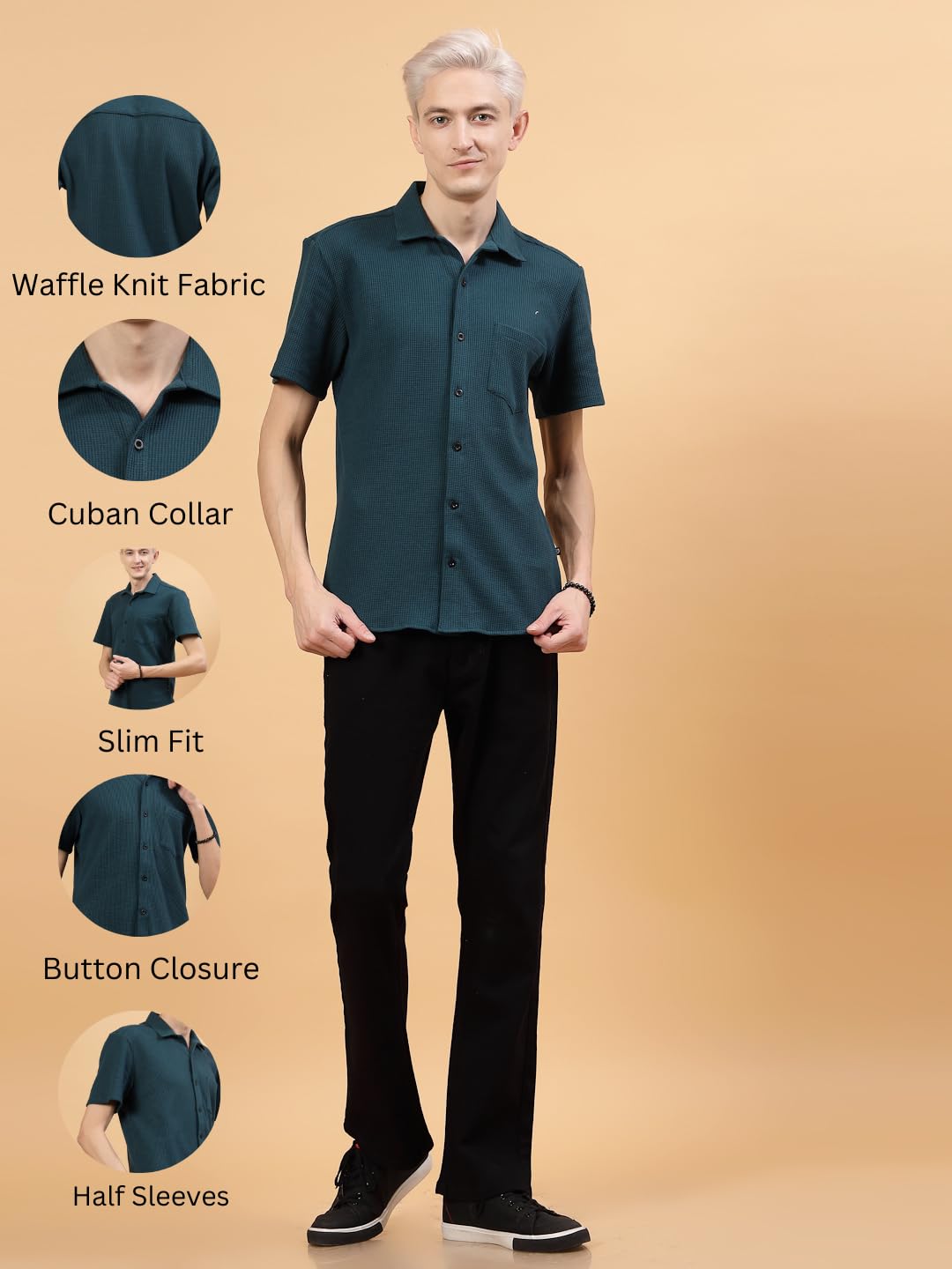 Rigo Waffle Knit Self-Textured Slim Fit Shirt for Mens | Half Sleeve Shirt for Men | Summer Shirts for Men Teal Green