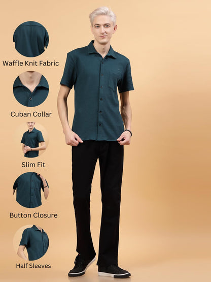 Rigo Waffle Knit Self-Textured Slim Fit Shirt for Mens | Half Sleeve Shirt for Men | Summer Shirts for Men Teal Green