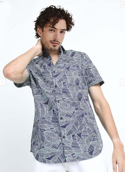 LookMark Mens Cotton Blend Navy Color Stitched Printed Half Sleeve Shirt(Shirt 59-L)