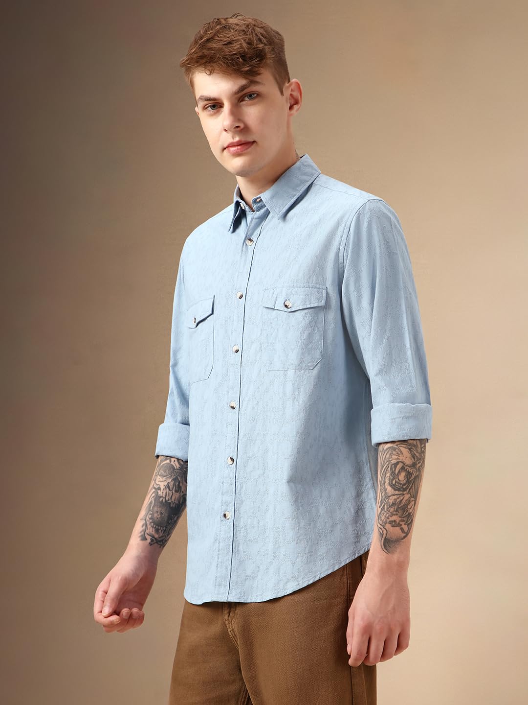 Dennis Lingo Men Blue 100% Cotton Full Sleeve Spread Collar Self Design Shirts