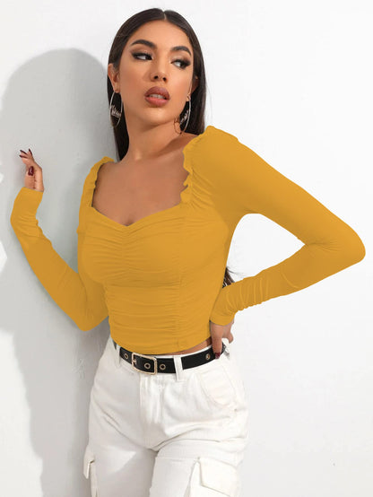 Shasmi Womens & Girls Mustard Full Sleeve, Sweat Hear Neck, Frill Trim Ruched Crop Top for Women, Tops, T-Shirts for Girls (TO