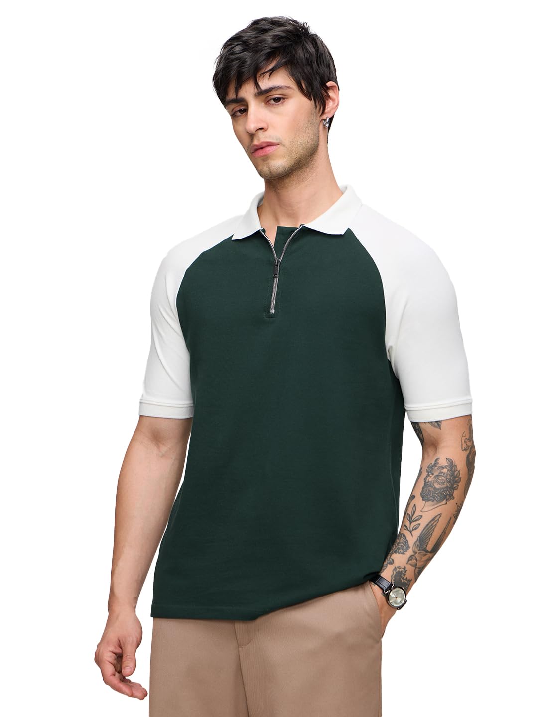 The Souled Store Colourblock Polo: Emerald Edge Men and Boys Short Sleeves Collared Neck Cotton Blend Regular Fit Zipper Polos