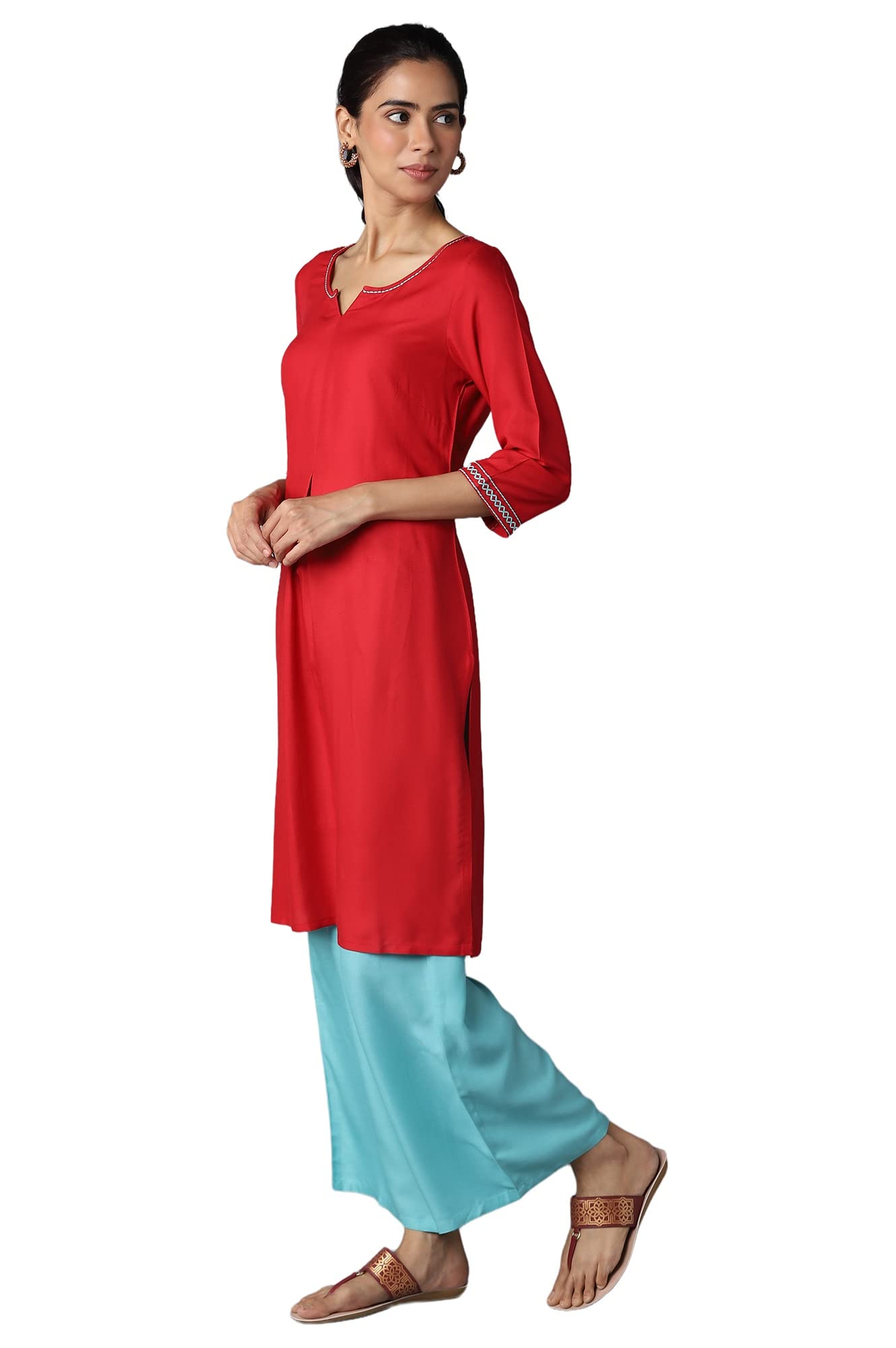 Aure Collection by Aurelia Red Solid Ethnic Kurta with Light Teal Straight Palazzo