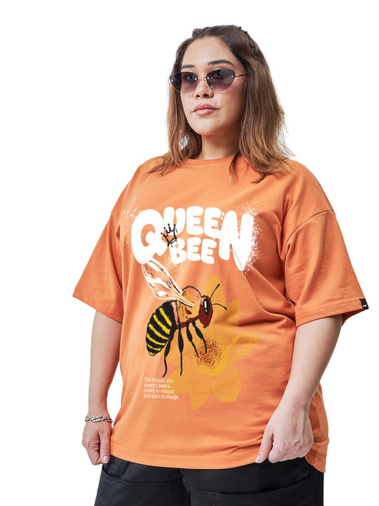 Bewakoof Heavy Duty 1.0 WomenS Graphic Print Oversized Fit Half Sleeve Round Neck Cotton Terry Plus Size T-Shirt_694196_Orange_