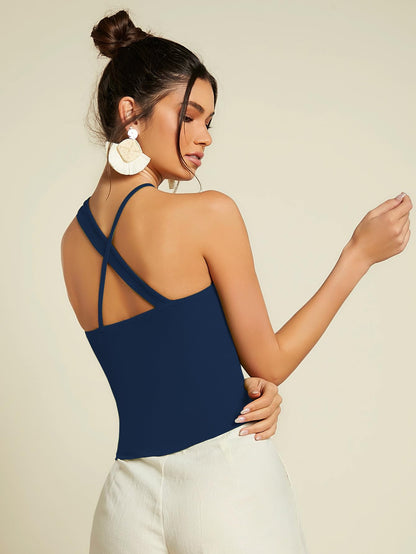 Sugathari Womens Navy Blue Criss Cross Front Ribbed Knit Korean Trendy Tank Western Tops for Women Stylish (T-Shirt 183 N Blue-