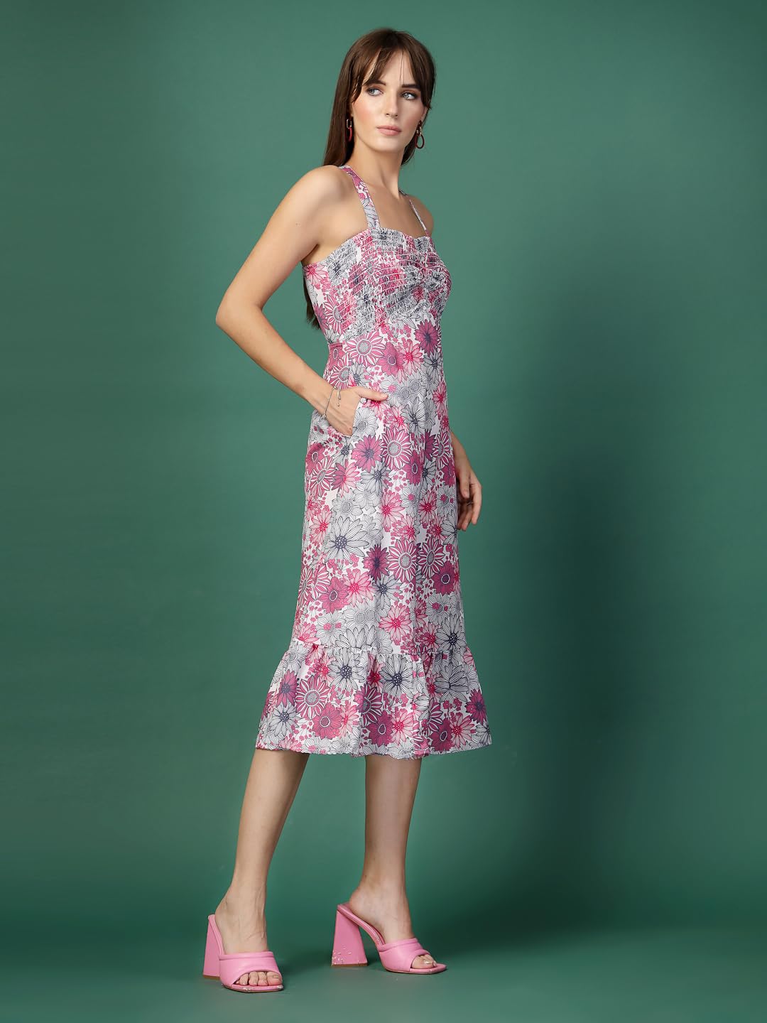 Oomph! WomenS Western & Fusion Wear Printed Crepe Dress For Women, Smocked Bodice, Pink - Md1058