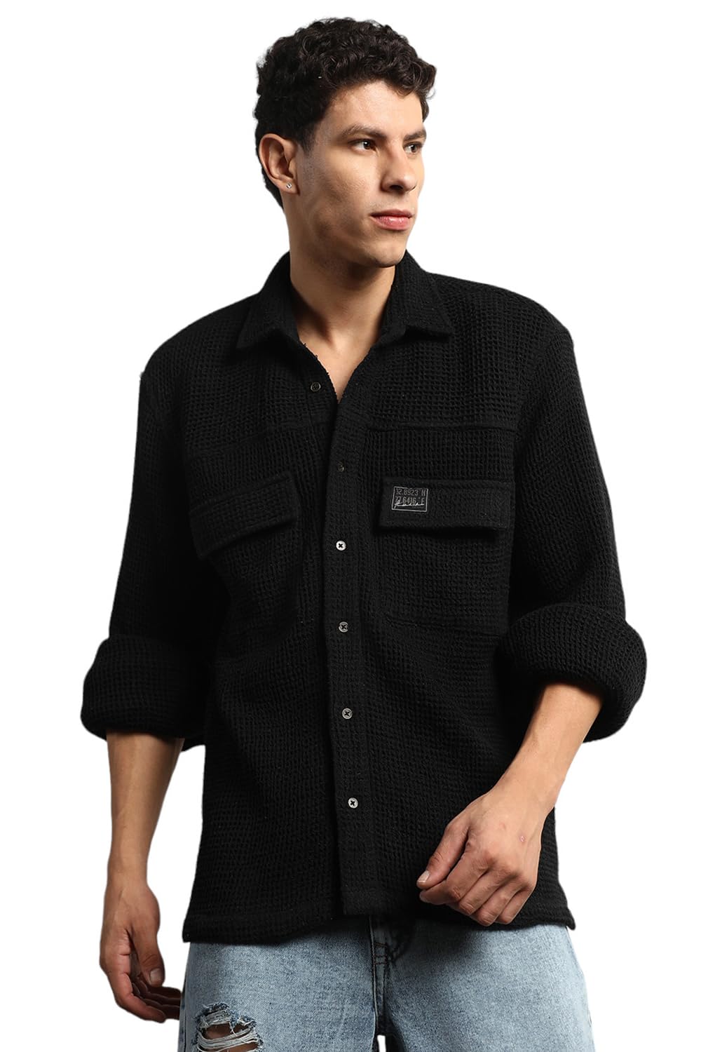 Hubberholme Men Summer Cotton Spread Collar Long Sleeves Oversized Casual Shirt 23 Black