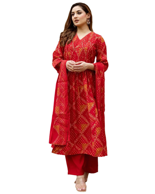 Gosriki WomenS Rayon Blend A-Line Printed Kurta With Pant & Dupatta (Urbana Red-Gs_M_Red_Medium)