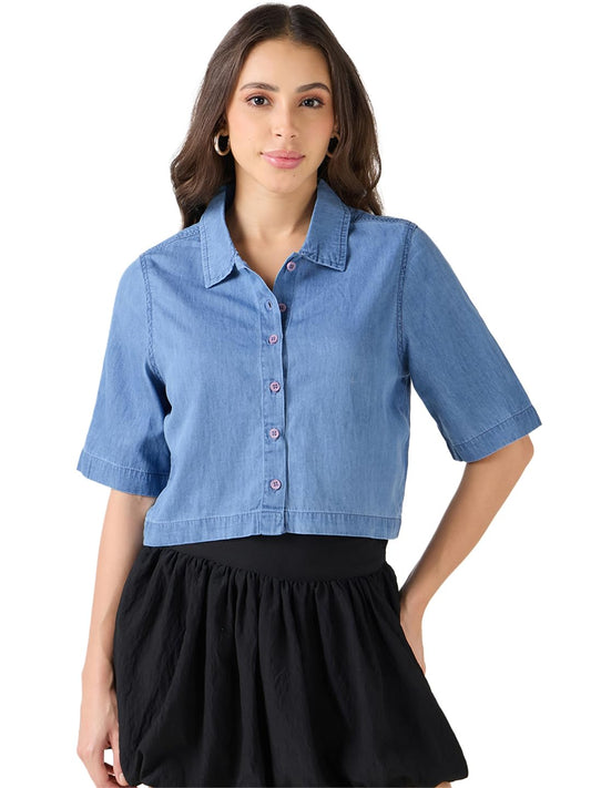 Bewakoof WomenS Solid Regular Fit Half Sleeve Collared Neck 100% Cotton Shirt_633548_Blue_M