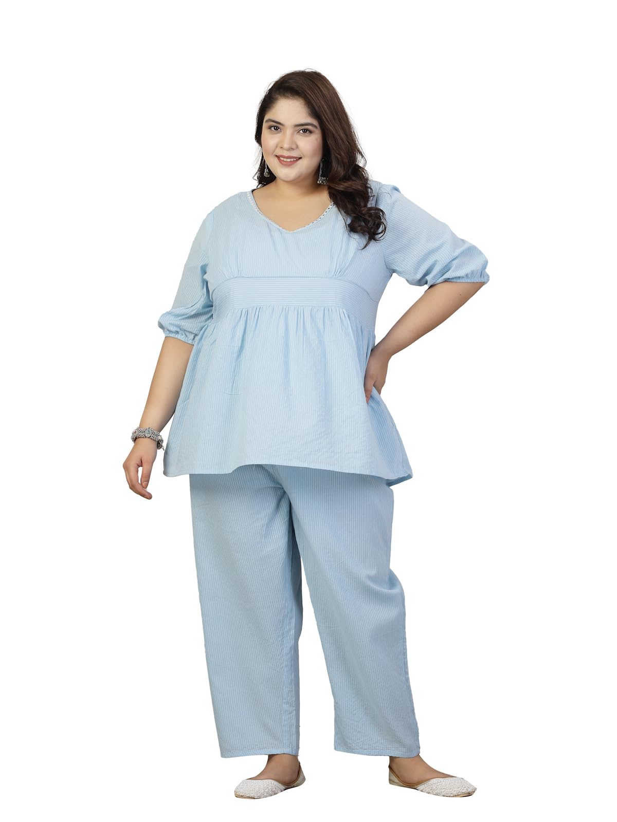 Stylum Womens Plus Size Self Woven Kantha Cotton Kurti Pant Set