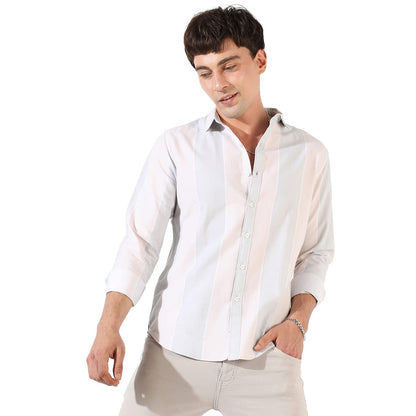 Campus Sutra Mens White and Blue Striped Button Up Spread Collar Shirt for Casual Wear | Regular Fit | Cotton Twill Shirt Craft