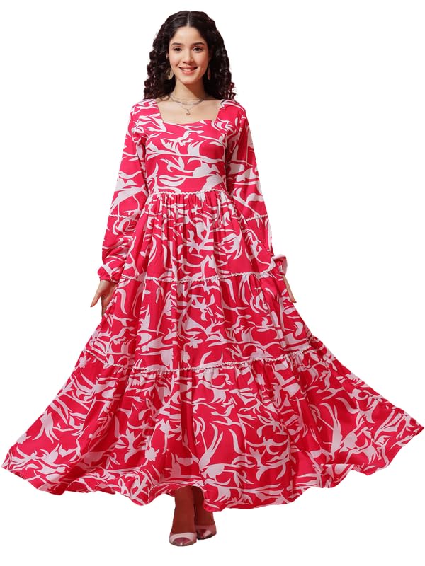 Sheetal Associates WomenS Pink & White Floral Printed Flared Fit & Flare Maxi Dress| Comfortable Relaxed Fit Summer Dress