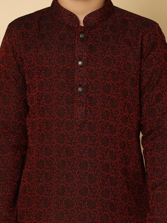 Kisah KidS Jacquard Full Sleeves Regular Fit Knee Length Woven Maroon Kurta (9-10Y)