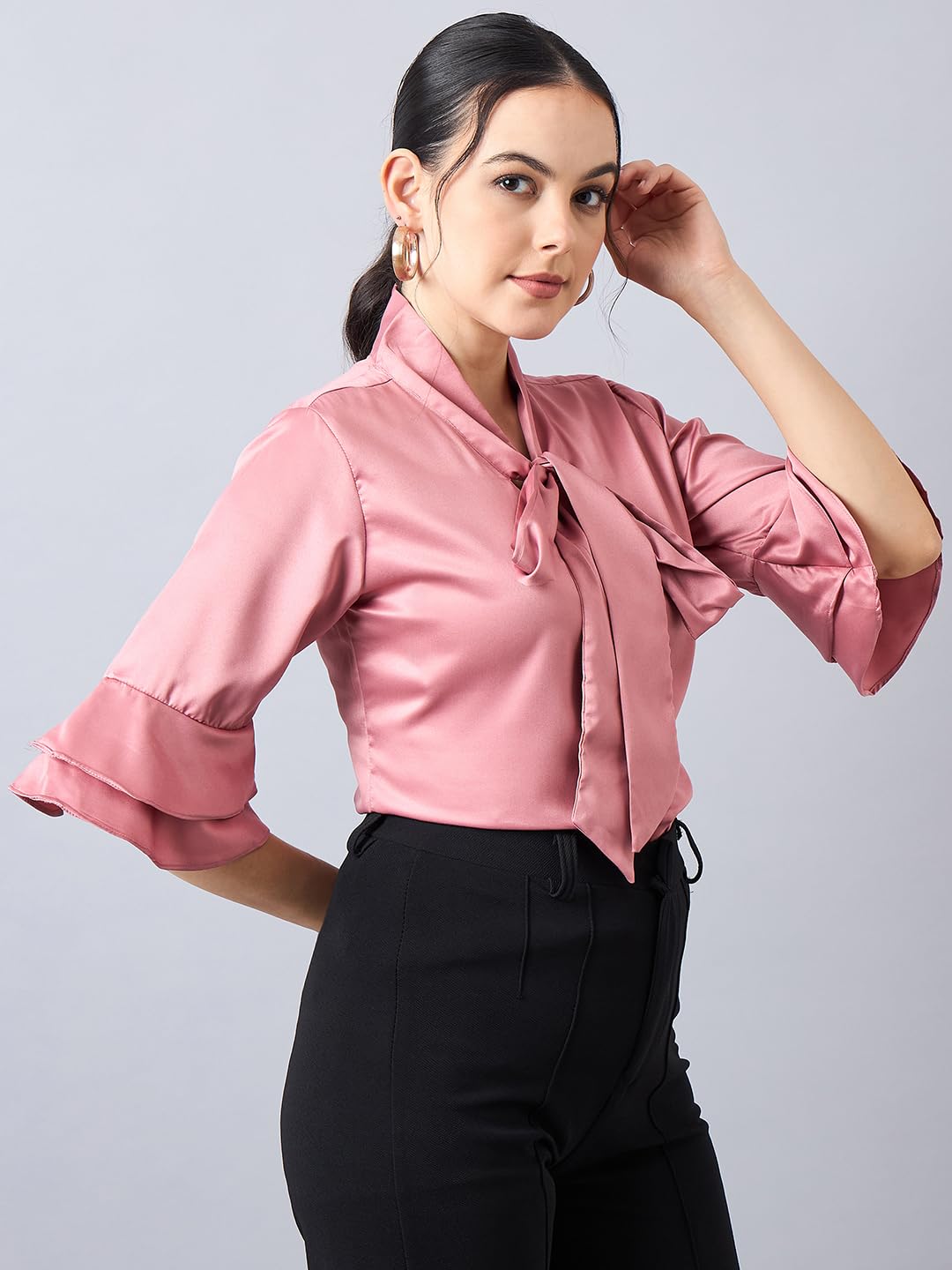 Style Quotient Women Tie-Up with Bell Sleeves Satin Top