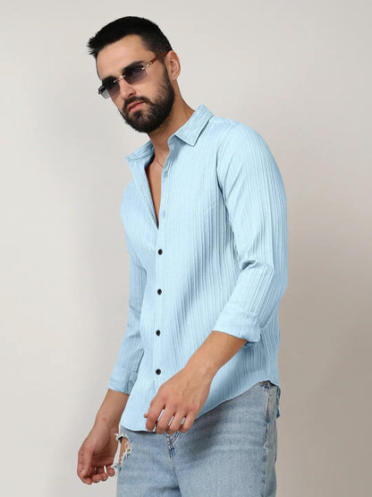 Finivo Fashion MenS Casual Cotton Plain Button Down Shirts Long Sleeve Textured Summer Beach Shirt For Men Sky Blue