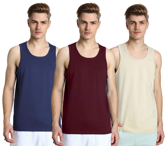 Veirdo Mens 100% Cotton Scoop Neck Regular Fit Solid Core Sleeveless Vest Combo-