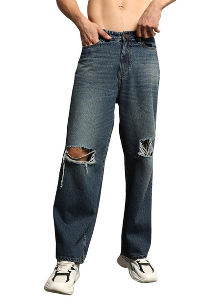 Hubberholme Men Summer Cotton Wide Leg Mid-Rise Jeans 15 Blue