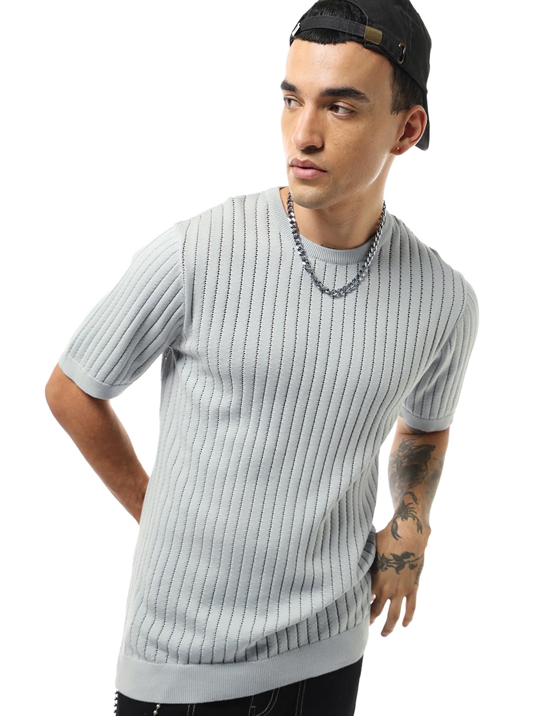Bewakoof Mens Textured Regular Fit Half Sleeve Round Neck Cotton Flatknit T-Shirt_634380_Grey_2XL